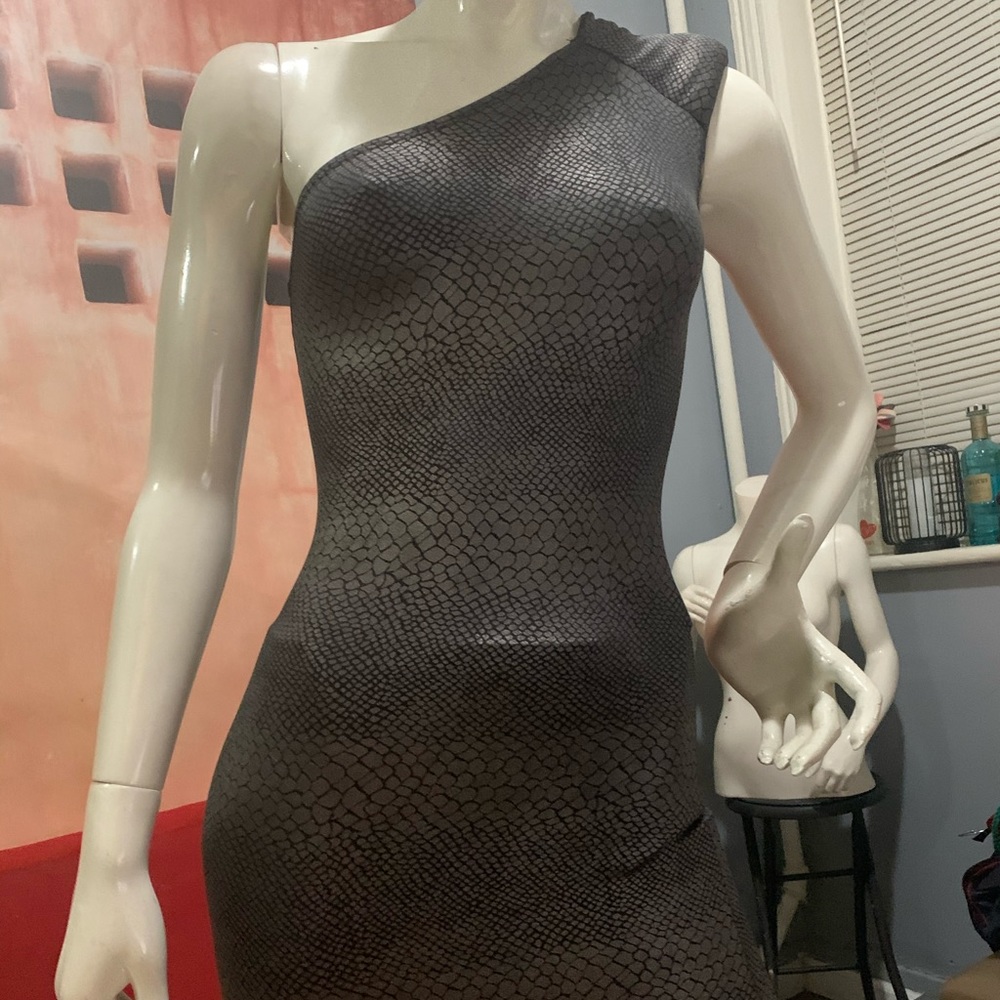 Pewter snakeprint one shoulder dress